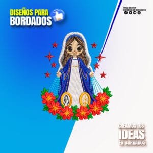 Virgen Tierna Estilo Kawaii con Flores Rojas