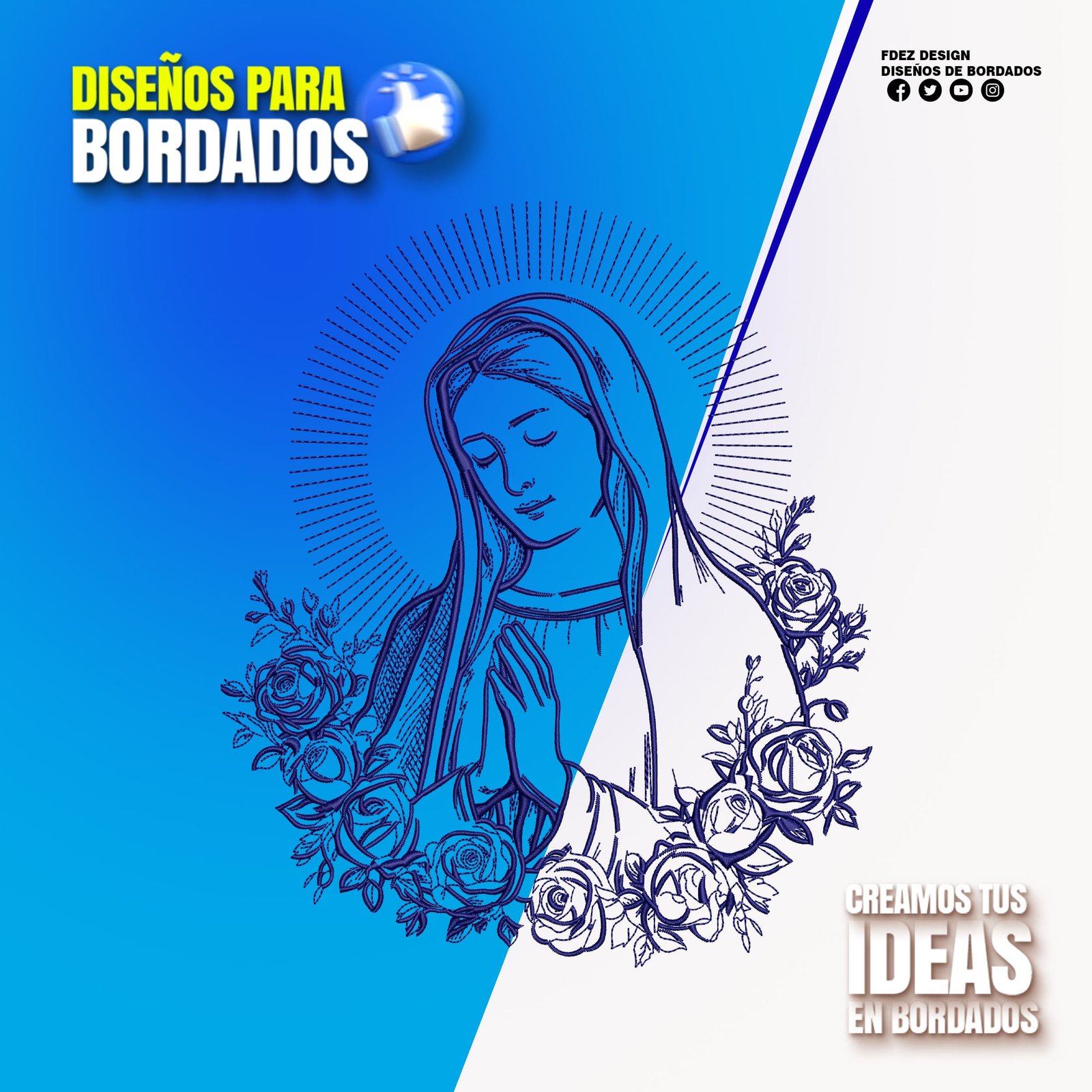 Virgen Orante Estilo Línea con Rosas